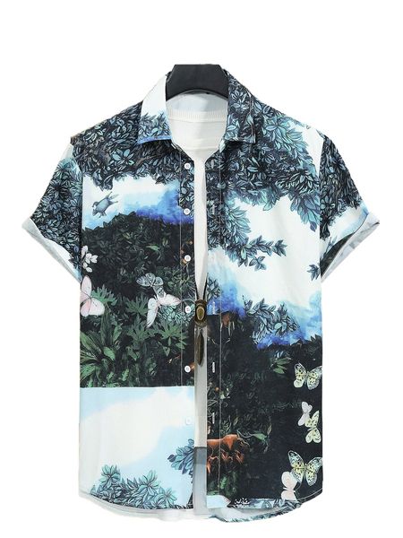 men butterfly & plant print curved hem shirt without tee y68k#, White;black
men butterfly & plant print curved hem shirt without tee y68k#, White;black
