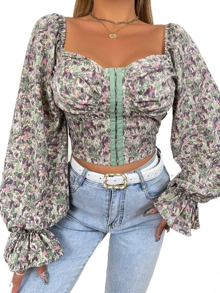 allover floral print flounce sleeve hook and eye crop blouse w2ww#, White 
allover floral print flounce sleeve hook and eye crop blouse w2ww#, White