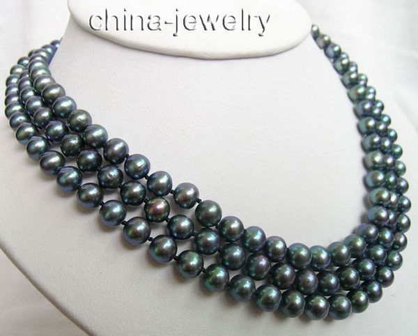 3row 17-19" 8-9mm natural black round freshwater pearl necklace - shell, Silver
3row 17-19" 8-9mm natural black round freshwater pearl necklace - shell, Silver