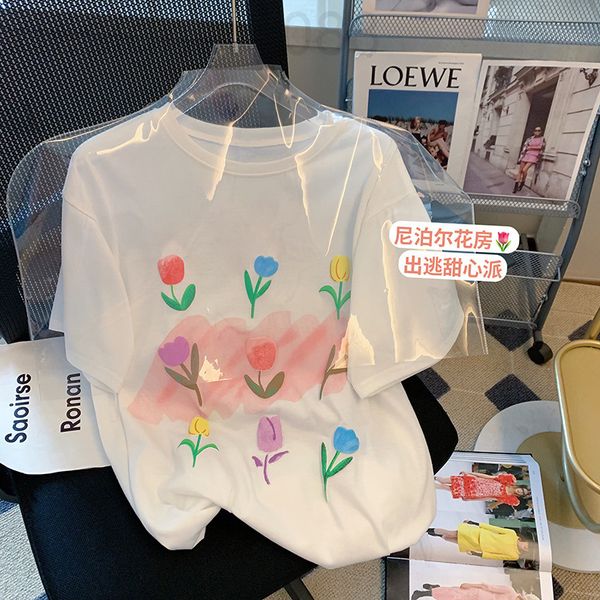 women's t-shirt designer colorful flower print short sleeve t-shirt women's 2022 summer design sense of minority loose foreign sty, White
women's t-shirt designer colorful flower print short sleeve t-shirt women's 2022 summer design sense of minority loose foreign sty, White