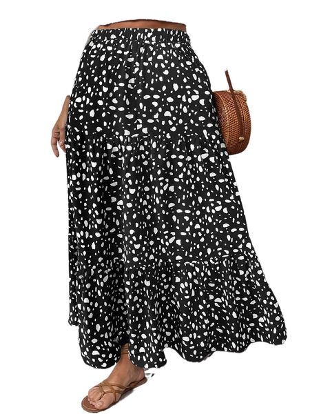 plus allover print ruffle hem skirt d7pj#, Black
plus allover print ruffle hem skirt d7pj#, Black