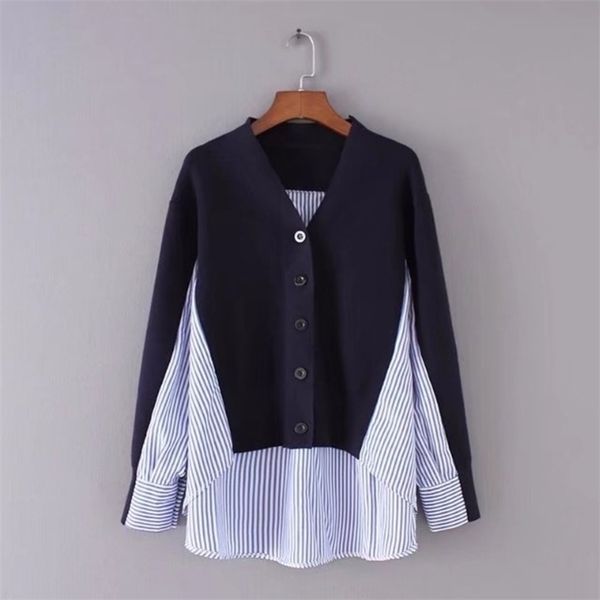 new pattern spring autumn fashion woman long sleeve spliced striped fake two pieces vneck blouse shirt s077 201201, White