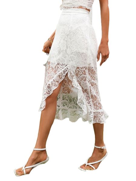 ruffle hem lace overlay skirt w2jy#, Black