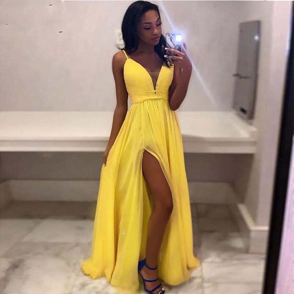 long custom evening dresses v-neck spaghetti straps simple yellow chiffon front split form prom party gowns robe de soiree, Black;red
long custom evening dresses v-neck spaghetti straps simple yellow chiffon front split form prom party gowns robe de soiree, Black;red