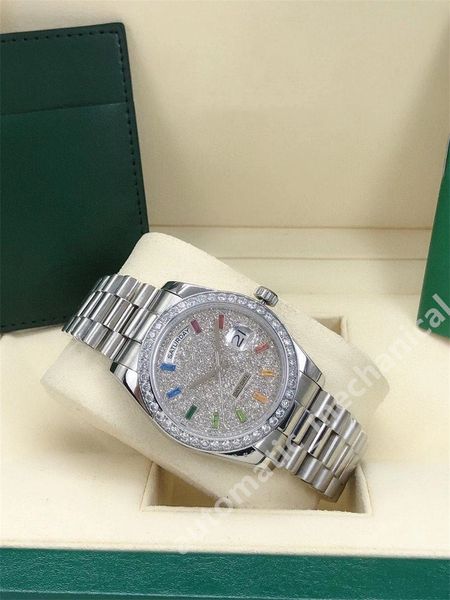 mens watch 36mm diamond iced out automatic mechanical womens full stainless steel strap daydate men wristwatch, Slivery;brown 
mens watch 36mm diamond iced out automatic mechanical womens full stainless steel strap daydate men wristwatch, Slivery;brown
