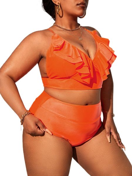 plus neon orange ruffle trim high waist bikini swimsuit f55c#, White;black
plus neon orange ruffle trim high waist bikini swimsuit f55c#, White;black