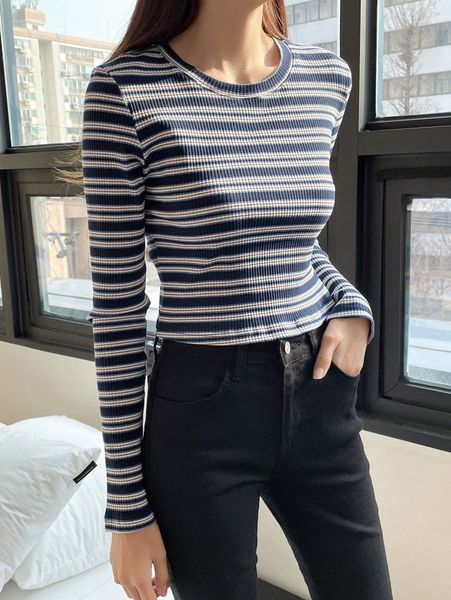 dazy striped rib knit tee f3tw#, White 
dazy striped rib knit tee f3tw#, White