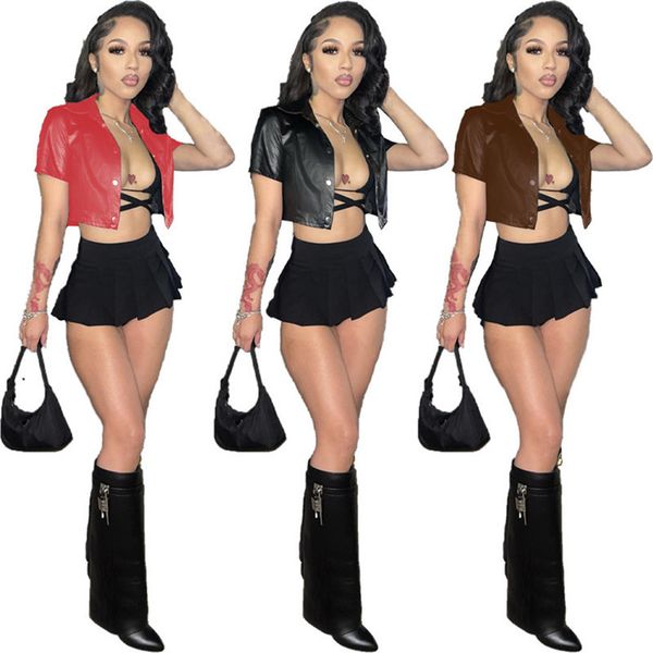 wholesale pu shirts summer women leather solid shirt short sleeve cardigan streetwear single breasted outerwear bulk 7019, Black;brown