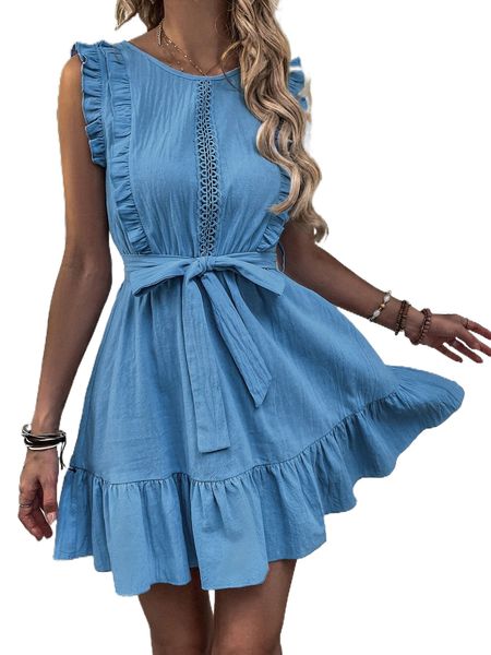 guipure lace detail ruffle trim belted dress e5of#, Black;gray
guipure lace detail ruffle trim belted dress e5of#, Black;gray