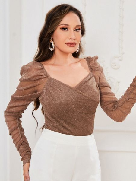 sweetheart neck gigot sleeve glitter tee c1em#, White