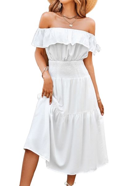 off the shoulder shirred waist ruffle hem dress g3ms#, Black;gray 
off the shoulder shirred waist ruffle hem dress g3ms#, Black;gray