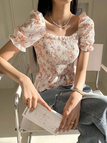 dazy floral print square neck puff sleeve frill trim shirred peplum blouse e1de#, White
dazy floral print square neck puff sleeve frill trim shirred peplum blouse e1de#, White