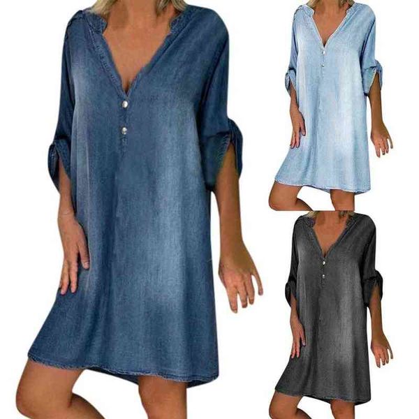 fashion summer new women v neck half sleeve button loose knee-length denim shirt dress l220705, Black;gray
fashion summer new women v neck half sleeve button loose knee-length denim shirt dress l220705, Black;gray