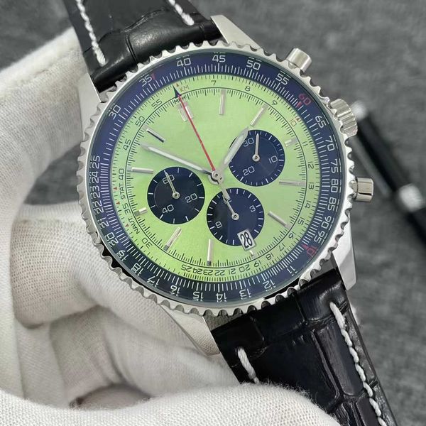 46mm quality b01 navitimer watch chronograph quartz movement steel mint green black dial 50th anniversary men watch leather strap mens, Slivery;brown
46mm quality b01 navitimer watch chronograph quartz movement steel mint green black dial 50th anniversary men watch leather strap mens, Slivery;brown