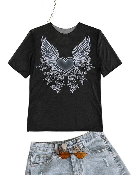 heart & wings print mesh cover up l50b#, White;black 
heart & wings print mesh cover up l50b#, White;black