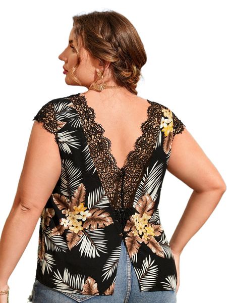 plus tropical print contrast lace blouse y7cw#, Black
