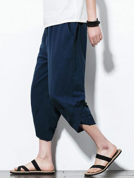 men slant pocket drawstring waist capris pants d9n0#, Black