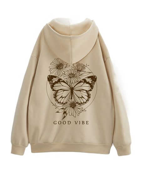letter & butterfly print kangaroo pocket drawstring thermal hoodie r2xv#, Black