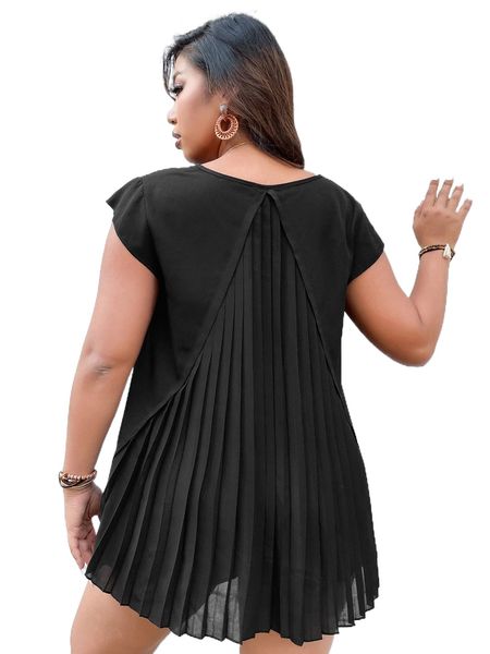 plus pleated panel high low blouse c1pr#, Black