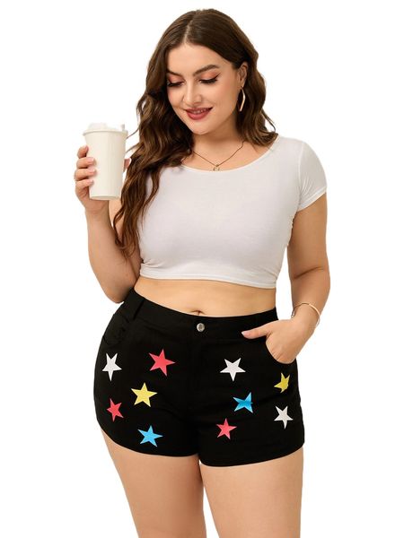 plus star print slant pocket shorts m2lt#, Black