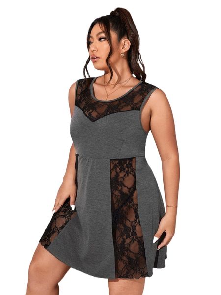 plus contrast lace cut out tie back nightdress without panty 35ak#, Black;white