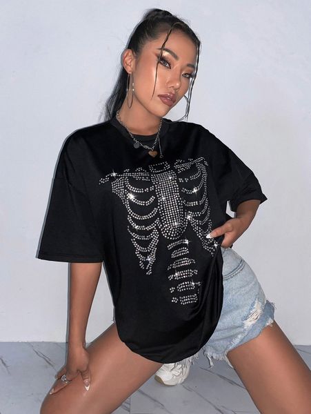 rhinestone skull drop shoulder tee y291#, White