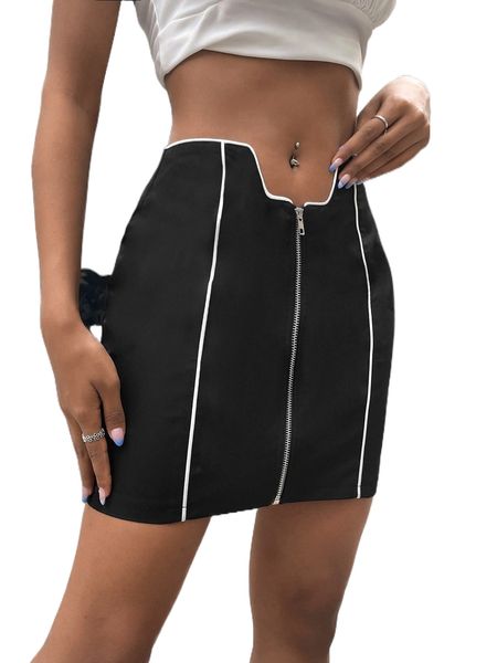 zip front contrast piping skirt d3ee#, Black