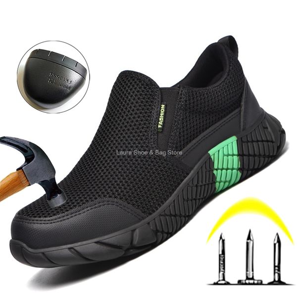 mesh breathable safety shoes men slip on european standard steel toe cap summer work safety boots male protective working shoes, Black;brown