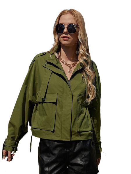 ziai drop shoulder flap pocket jacket u2lu#, Black;brown
