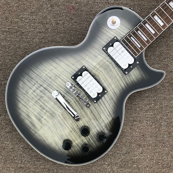 custom lp electric guitar, chrome hardware, rosewood fingerboard, transparent black flame maple 2 pickups, solid mahogany body guitar, 004
custom lp electric guitar, chrome hardware, rosewood fingerboard, transparent black flame maple 2 pickups, solid mahogany body guitar, 004