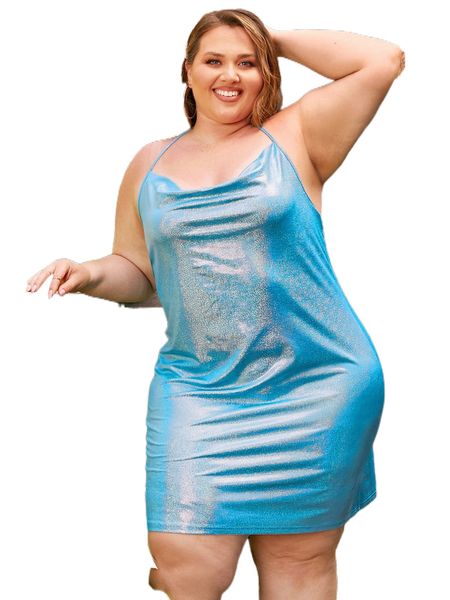 x srv plus draped collar tie back metallic halter dress without belt 20ql#, Black 
x srv plus draped collar tie back metallic halter dress without belt 20ql#, Black