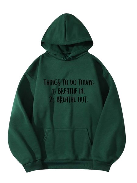 slogan graphic kangaroo pocket drawstring thermal hoodie p5qk#, Black