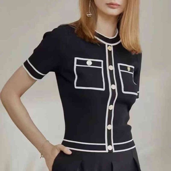 women's sweaters summer arrival woman contrast trim crew neck metalic button knitted cardigan franch design vintage qr8t, White;black
women's sweaters summer arrival woman contrast trim crew neck metalic button knitted cardigan franch design vintage qr8t, White;black