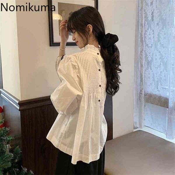 nomikuma korean women doll shirt back pleated single breasted sweet blouse puff long sleeve ruffled collar blusa 6b942 210401, White 
nomikuma korean women doll shirt back pleated single breasted sweet blouse puff long sleeve ruffled collar blusa 6b942 210401, White