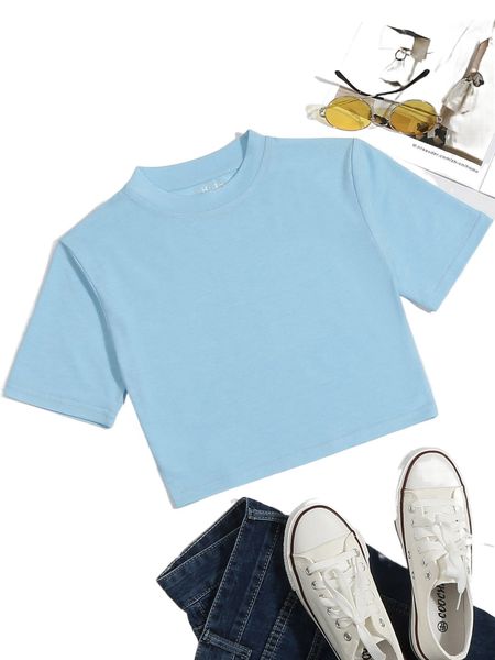 solid round neck crop tee q93s#, White 
solid round neck crop tee q93s#, White