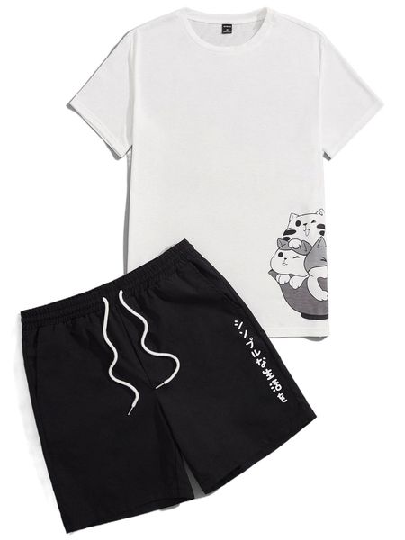 men cat print tee & japanese letter graphic drawstring waist shorts p69v#, Gray
men cat print tee & japanese letter graphic drawstring waist shorts p69v#, Gray