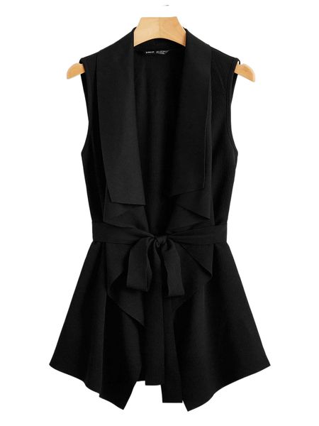 draped collar self belted vest g2tr#, Black