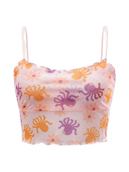 x cherbear studio animal & floral print lettuce trim crop cami 68uy#, White