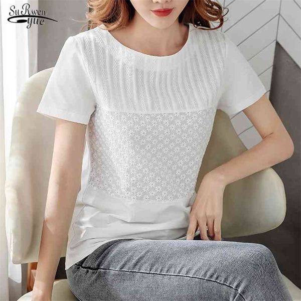 women's summer blusas mujer de moda solid ladies short sleeve o neck white women's blouses lace shirts 8586 50 210326