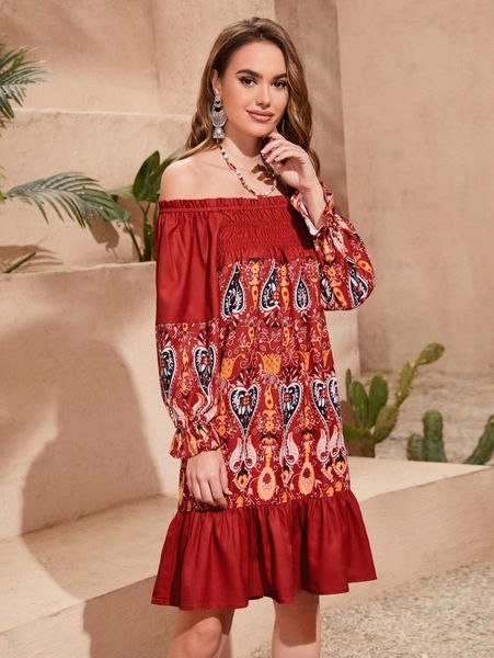 off shoulder flounce sleeve paisley dress 35m8#, Black;gray