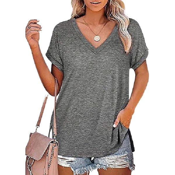 womens v neck short sleeve summer loose fit side slit solid flowy t shirts basic tees grey t8wp#, White
womens v neck short sleeve summer loose fit side slit solid flowy t shirts basic tees grey t8wp#, White