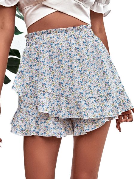 ditsy floral layered hem shorts q3v0#, White;black