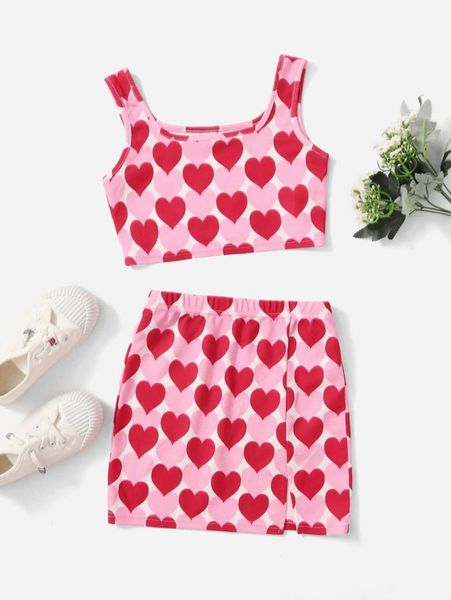 girls allover heart print tank and slit hem skirt set she, White