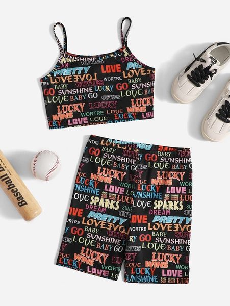 girls letter graphic crop cami & biker shorts set she, White 
girls letter graphic crop cami & biker shorts set she, White