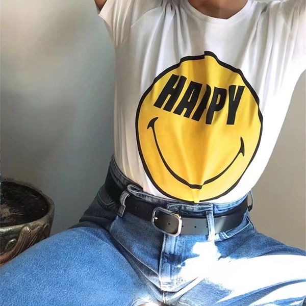 's women's sweet and age-reducing all-match round neck short-sleeved textured smiley printed cotton t-shirt 220506, White
's women's sweet and age-reducing all-match round neck short-sleeved textured smiley printed cotton t-shirt 220506, White