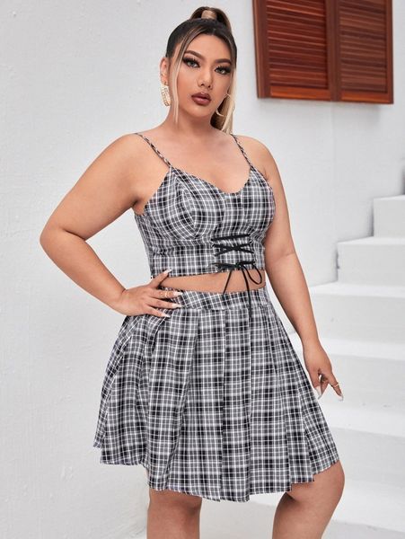plus plaid print lace up crop cami with skirt n36i#, Black 
plus plaid print lace up crop cami with skirt n36i#, Black