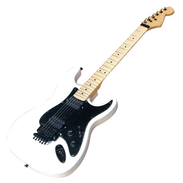 6 strings white electric guitar with tremolo bridge,maple fretboard,black pickguard,customizable
6 strings white electric guitar with tremolo bridge,maple fretboard,black pickguard,customizable