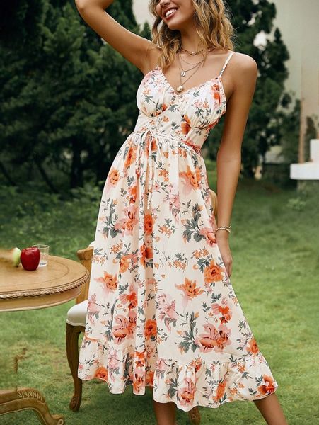 simplee floral print ruffle hem belted cami dress x5lu#, Black;gray