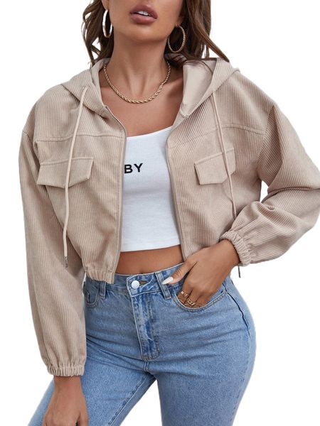 drop shoulder drawstring hooded corduroy jacket p6eg#, Black;brown