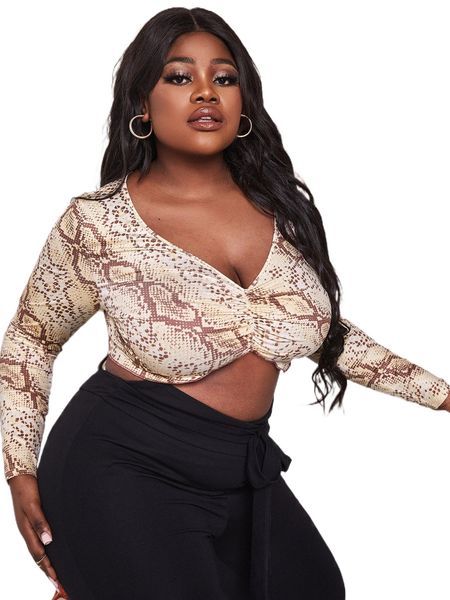 sxy plus snakeskin ruched crop tee w8mo#, Black
